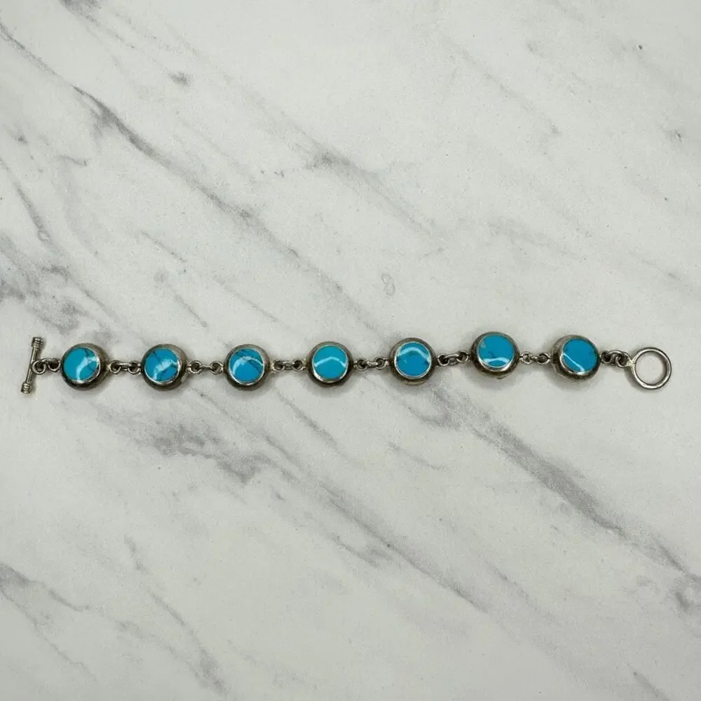 Vintage Mexico Blue Faux Turquoise Round Cabochon Link Toggle Chain Bracelet ✨